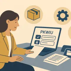 Kobieta przy laptopie z ikonami PKWiU, pudełka, biegu i teczki.