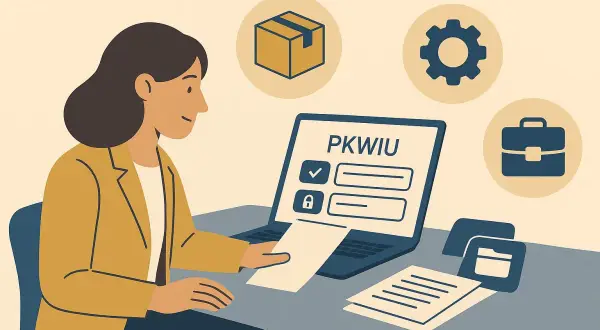 Kobieta przy laptopie z ikonami PKWiU, pudełka, biegu i teczki.