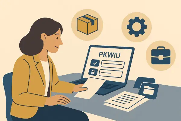 Kobieta przy laptopie z ikonami PKWiU, pudełka, biegu i teczki.